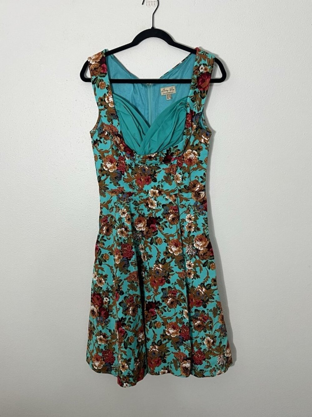 Lindy Bop Ophelia Retro Pin Up Turquoise Floral Fit and Flare Swing Dress Medium